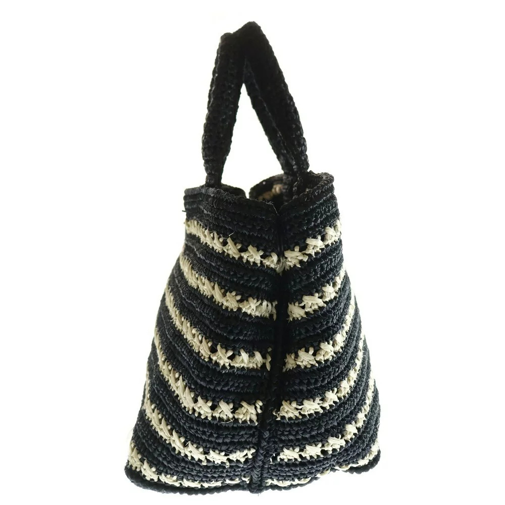 PRADA Canapa Raffia Triangle Logo Plate Basket Hand Tote Bag Black White - Picture 3 of 6